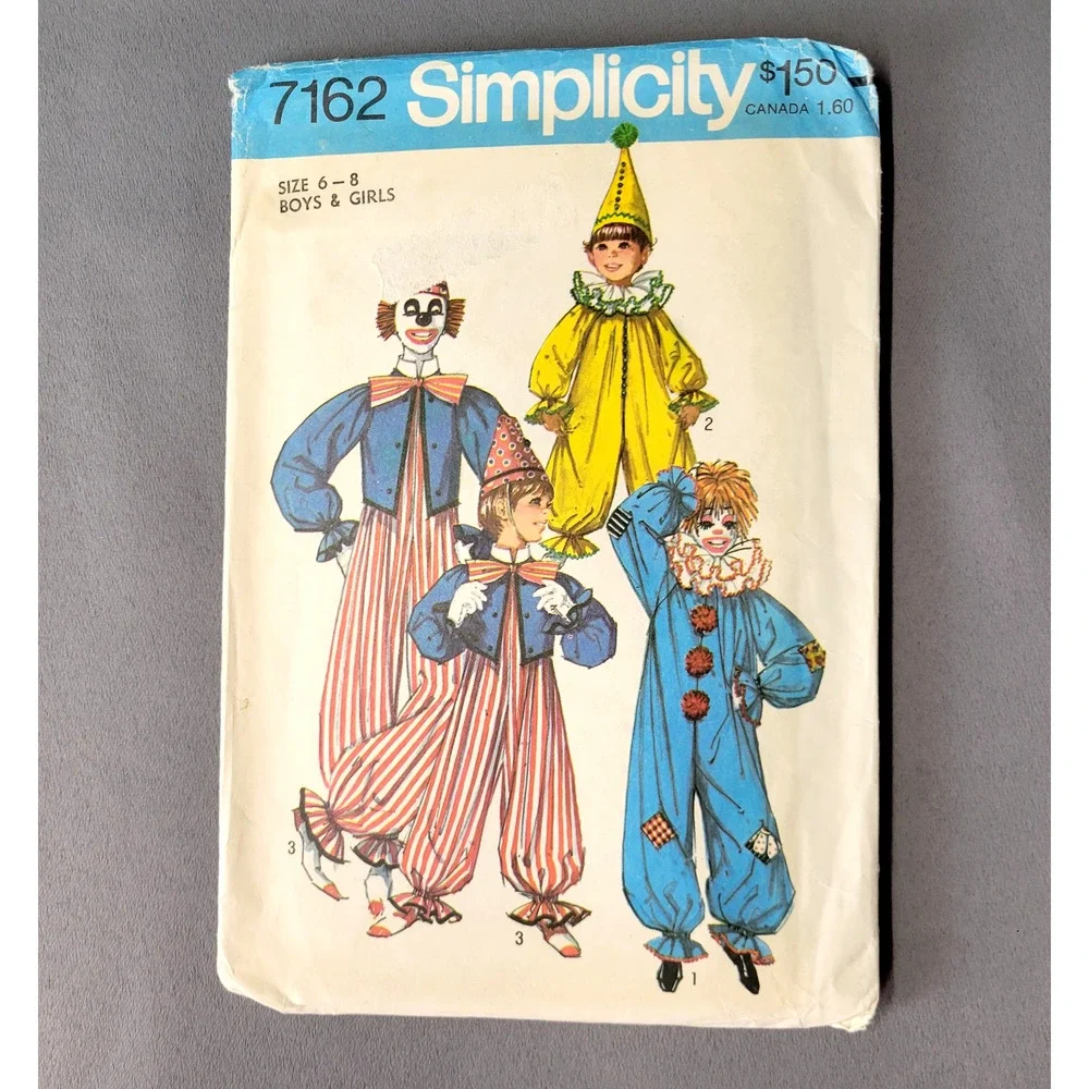 Simplicity Sewing Pattern Vintage 1975 Clown Costume Kids‎ 7-8 UNCUT #7162